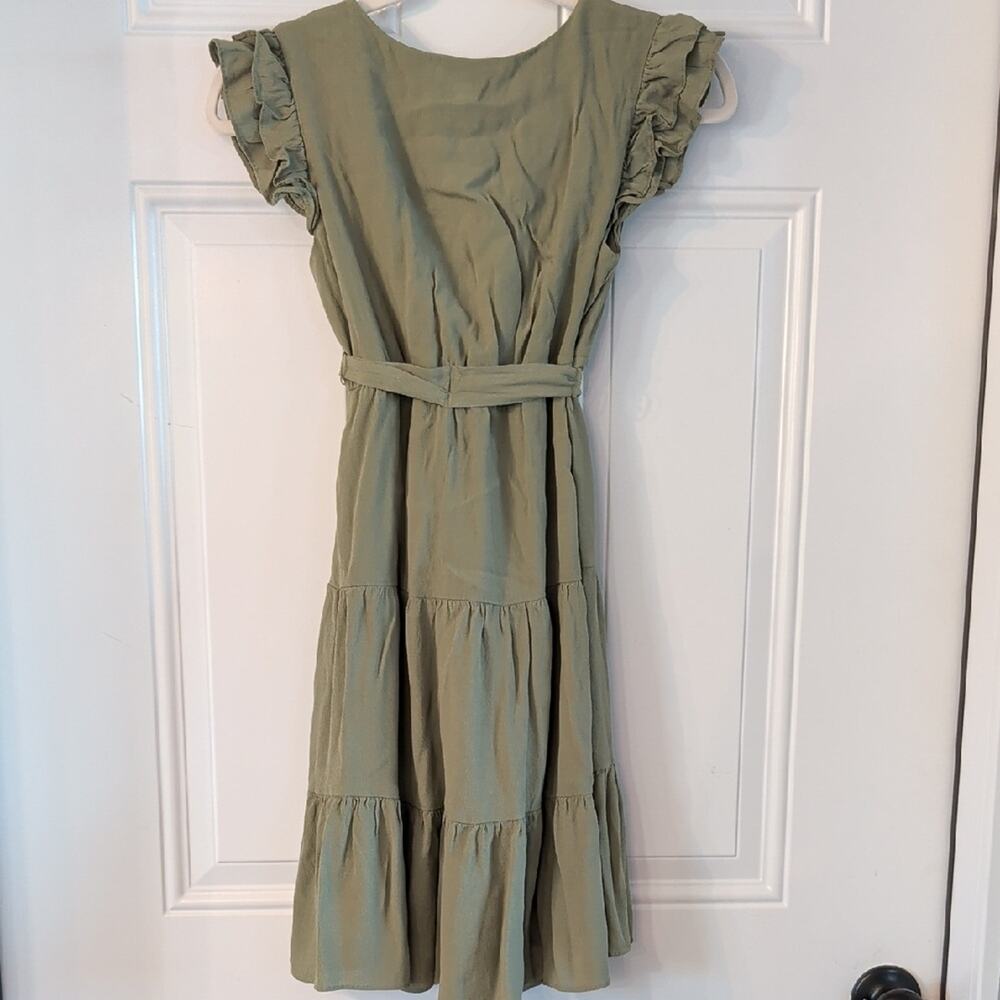 Girls XL Olive Green Wrap Style Dress Ruffle Sleeve Tiered Casual Boho Youth - Picture 6 of 10